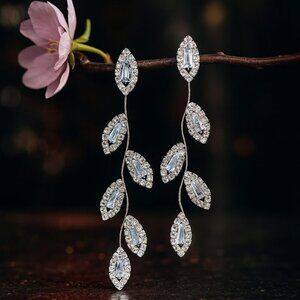 Leaf Drop Earrings Silver Plated S925 CZ Minimalist Statement Sparkling Dangles